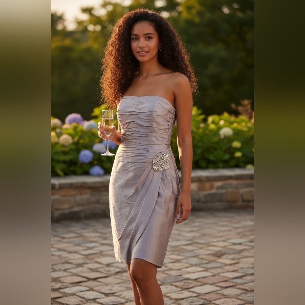 Social Occasions by Mon Cheri Silver Silk Strapless Ruched Beaded Cocktail Dress